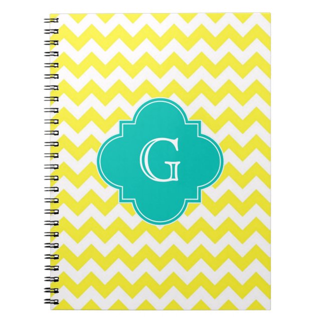 Gult White Chevron Teal Quatrefoil Monogram Anteckningsbok Med Spiral (Framsidan)
