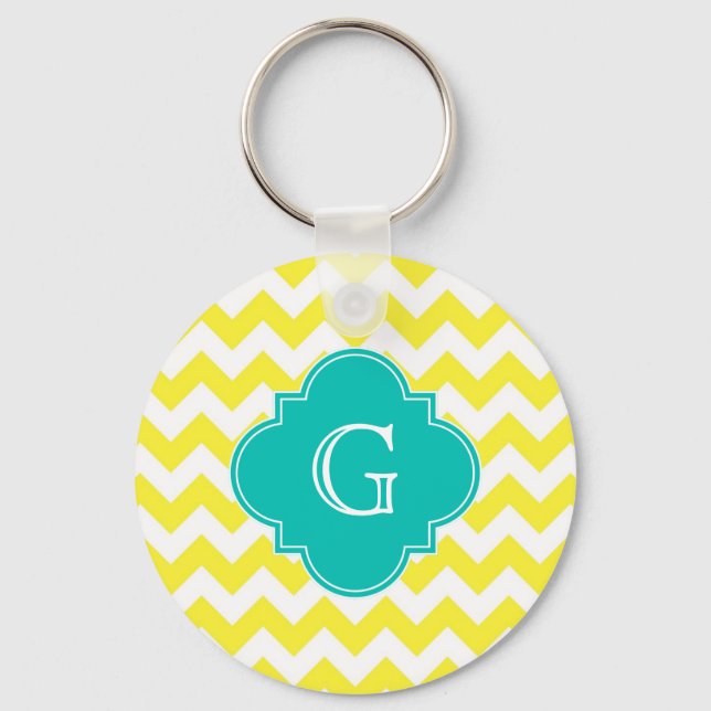 Gult White Chevron Teal Quatrefoil Monogram Nyckelring (Framsida)