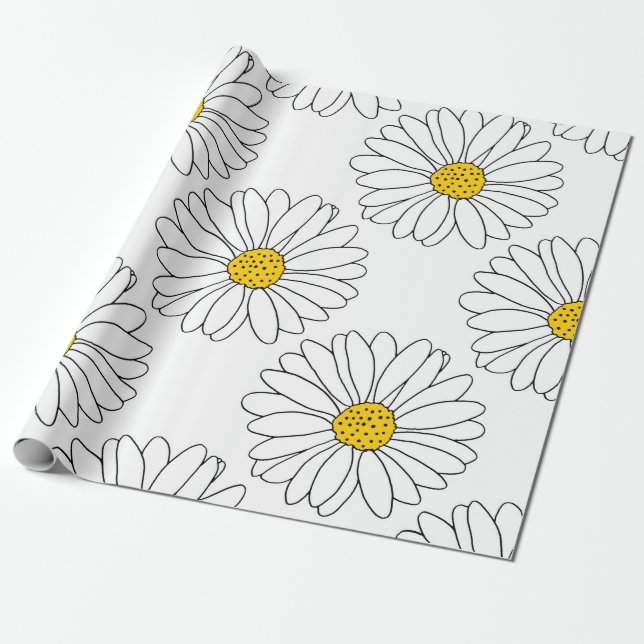 Gult White Daisy Mönster Presentpapper (Utrullad)