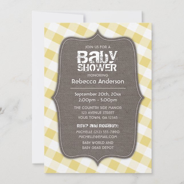 Gult & White Gingham Canvas Baby Shower Inbjudningar (Framsida)