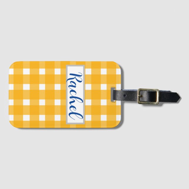 Gult White Gingham Personlig Bagagebricka (Framsida horisontal)