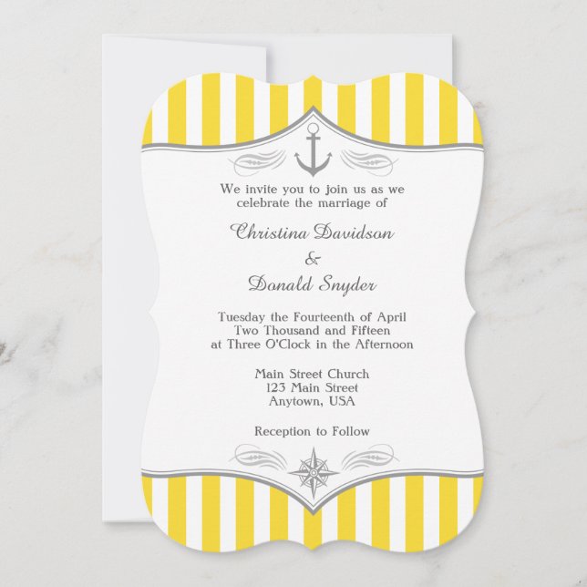 Gult White Grått Nautical Wedding bjudande Inbjudningar (Framsida)