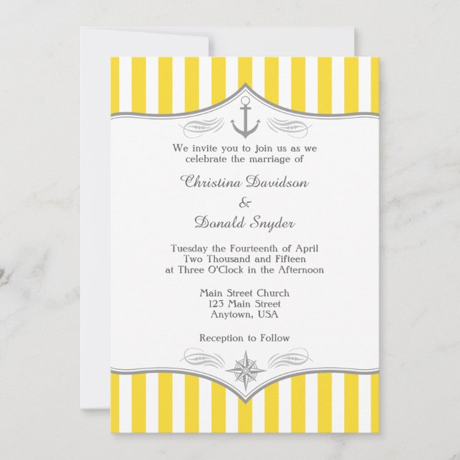 Gult White Grått Nautical Wedding bjudande Inbjudningar (Framsida)