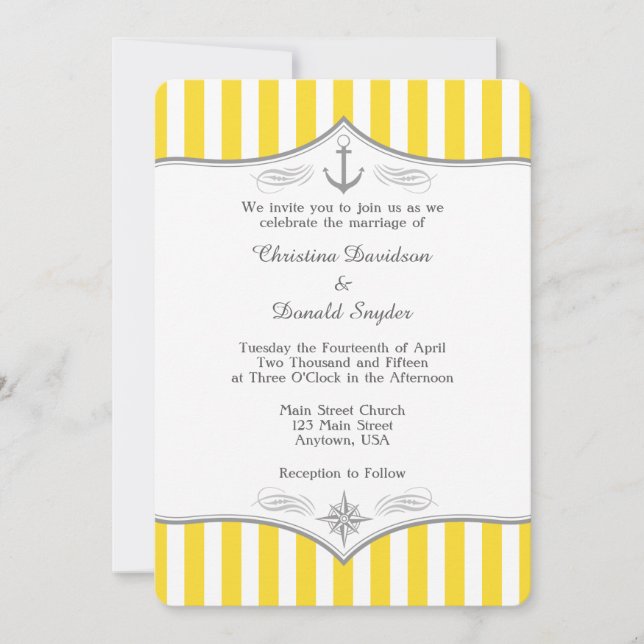 Gult White Grått Nautical Wedding bjudande Inbjudningar (Framsida)
