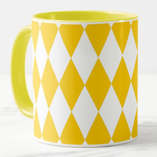 Gult White Harlequin Diamonds Checkerss Design Mugg (Skapare uppladdad)