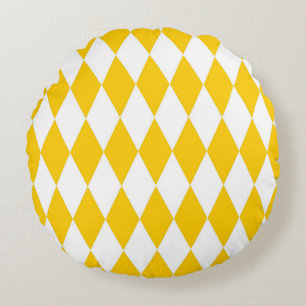 Gult White Harlequin Diamonds Checkerss Design Rund Kudde