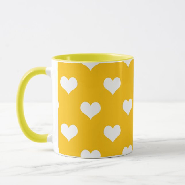 Gult White Kärlek Heart Mönster Design Mugg (Vänster)