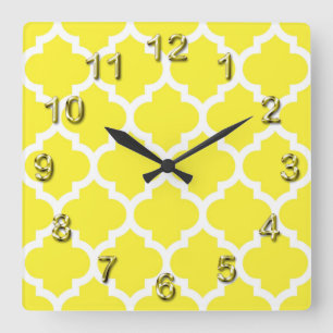 Gult White Moroccan Quatrefoil Mönster #5 Fyrkantig Klocka