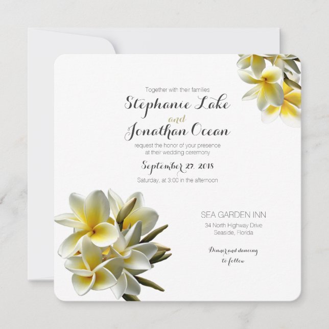 Gult White Plumeria Hawaiian Bröllop Inbjudningar (Framsida)