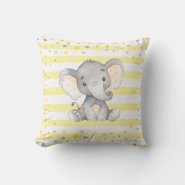 Gult White Rand Elephant Baby Shower Nursery Kudde (Framsida)