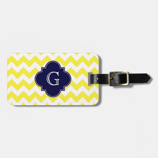 Gult Wht Chevron Navy Blue Quatrefoil Monogram Bagagebricka (Horisontell Framsida)