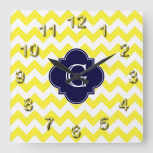 Gult Wht Chevron Navy Blue Quatrefoil Monogram Fyrkantig Klocka