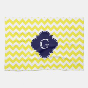 Gult Wht Chevron Navy Blue Quatrefoil Monogram Kökshandduk