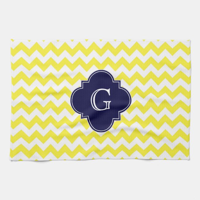 Gult Wht Chevron Navy Blue Quatrefoil Monogram Kökshandduk (Horisontell)