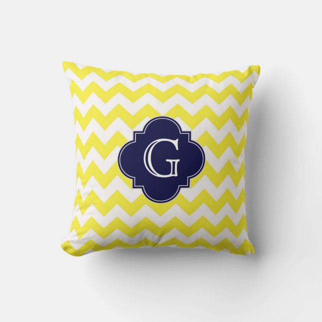 Gult Wht Chevron Navy Blue Quatrefoil Monogram Kudde (Framsida)