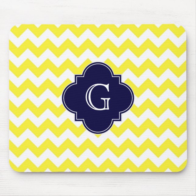 Gult Wht Chevron Navy Blue Quatrefoil Monogram Musmatta (Framsidan)