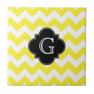 Gult Wht Chevron ZigZag Blk Quatrefoil Monagram Kakelplatta
