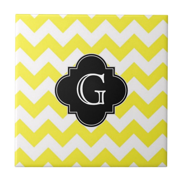 Gult Wht Chevron ZigZag Blk Quatrefoil Monagram Kakelplatta (Framsidan)