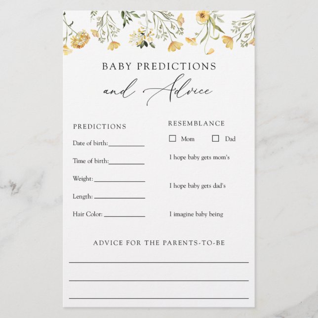 Gult Wildblomma Baby Advice and Predictions Card (Framsida)