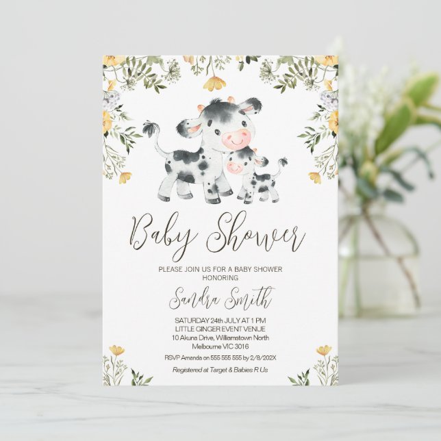 Gult Wildblomma Kow Calf Baby Shower Inbjudningar (Stående Fram)