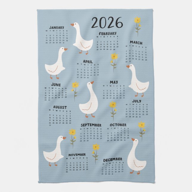Gult Wildblomma och Goose 2026 Calendar - Blue Kökshandduk (Vertikal)