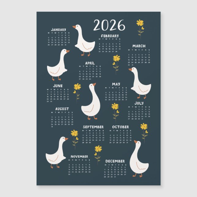 Gult Wildblomma och Goose 2026 Calendar - Navy (Framsida)
