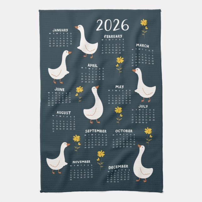 Gult Wildblomma och Goose 2026 Calendar - Navy Kökshandduk (Vertikal)