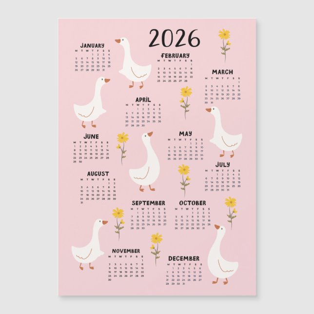 Gult Wildblomma och Goose 2026 Calendar - Rosa (Framsida)