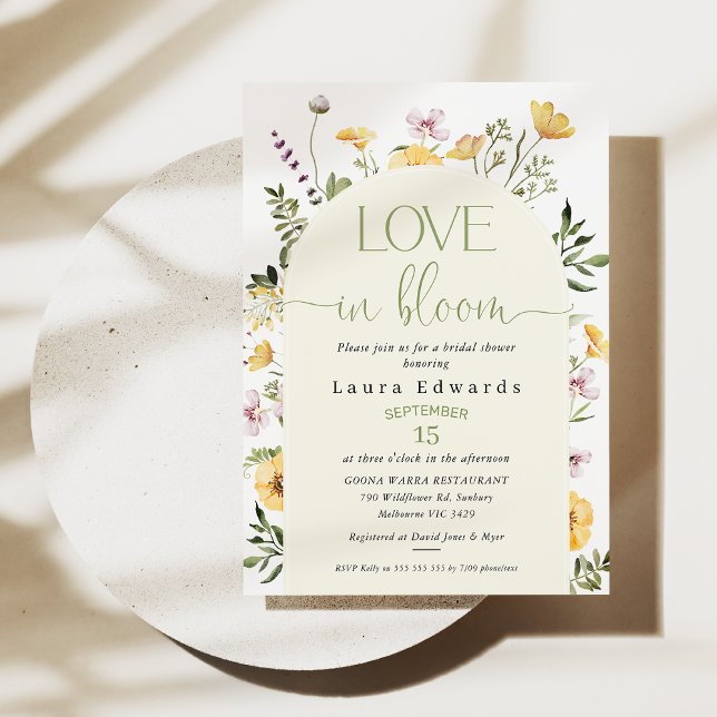 Gult Wildblommor Kärlek i Möhippan Bloom Inbjudningar (Wildflowers Love In Bloom Bridal Shower Invitation, Summer Floral Bridal Shower Invite, Spring )