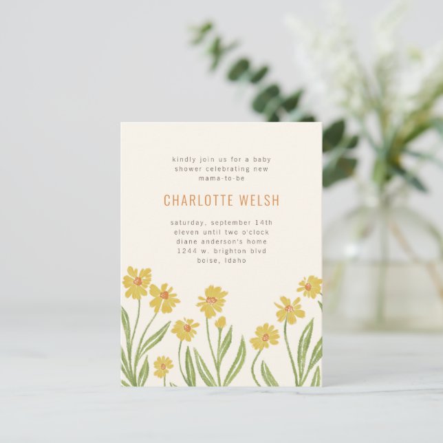 Gult Wildblommor Kön Neutral Baby Shower Vykort (Stående Fram)
