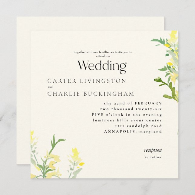 Gult Wildblommor Monogram II Square Bröllop Inbjudningar (Fram/baksida)