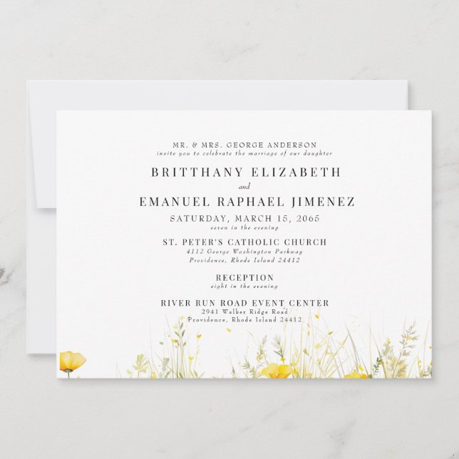 Gult Wildblomsterföräldrar 2 Venue Bröllop Inbjudningar (Framsida)