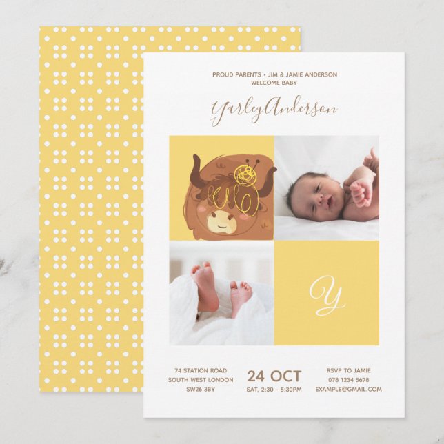 Gult Yak ・ Alphabet Monogram Cute Baby Shower Inbjudningar (Fram/baksida)