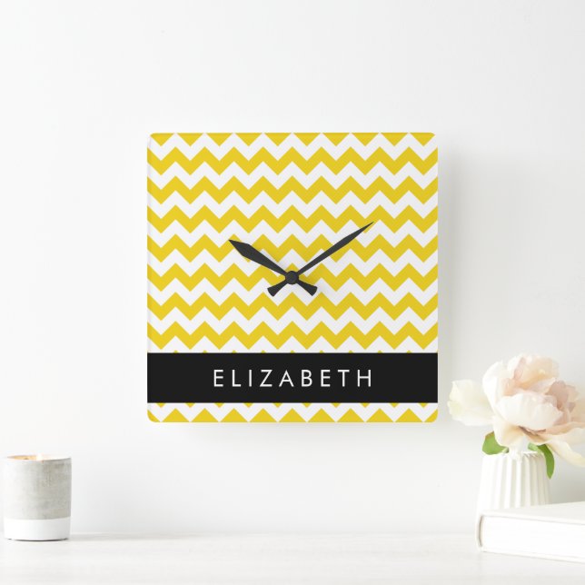 Gult Zigzag, Gult Chevron, ditt namn Fyrkantig Klocka (Hem)
