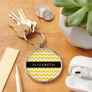 Gult Zigzag, Gult Chevron, ditt namn Rund Silverfärgad Nyckelring