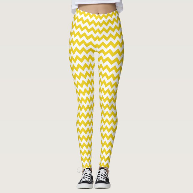Gult Zigzag, Gult Chevron, Geometric Mönster Leggings (Framsida)