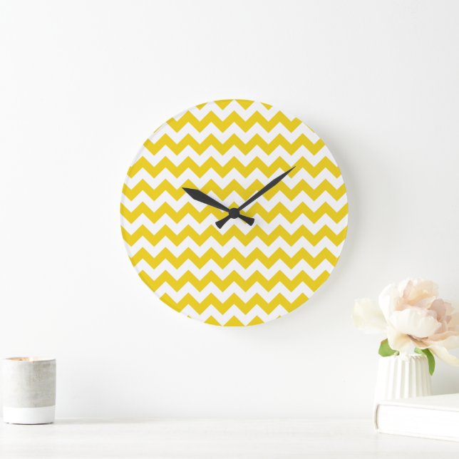Gult Zigzag, Gult Chevron, Geometric Mönster Stor Klocka (Hem)