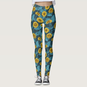 Gult Zinnias på mörk blått Leggings