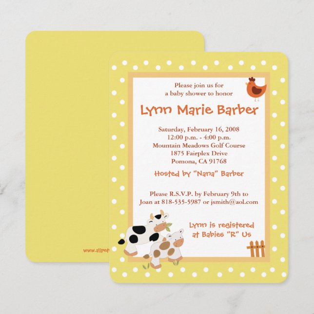 Gulten baby Moo Cow Farm Yard Baby Shower Inbjudningar (Fram/baksida)