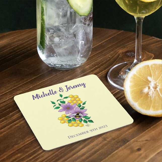 Gulten Bumblebee Lavender Flowers Underlägg Papper Kvadrat (Skapare uppladdad)
