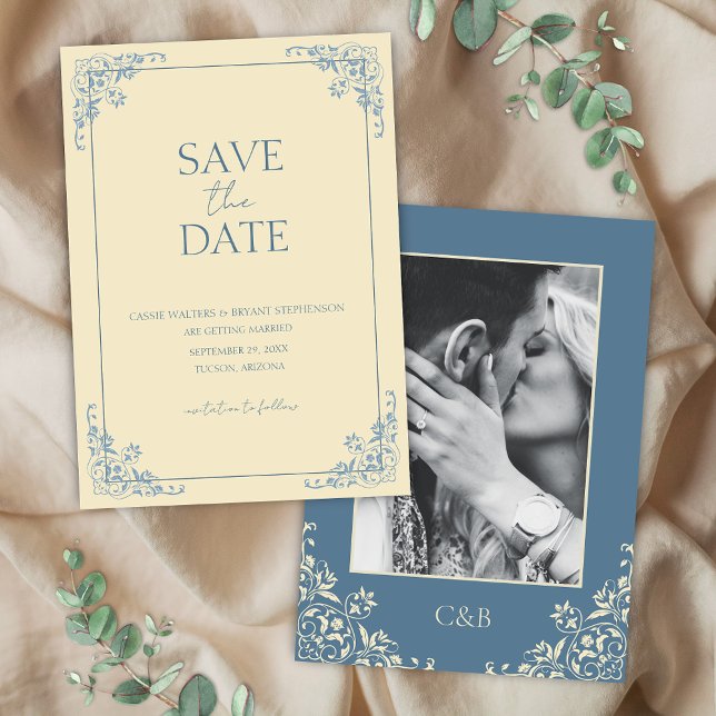Gulten Dusty Blue - Minimal Spara datum Inbjudningar (Elegant butter yellow and dusty blue photo save the date cards for romantic bridgerton inspired card)