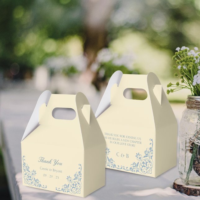 Gulten elegant Butter och Tacken Blue Bröllop Presentaskar (elegant butter yellow wedding thank you gift favor boxes with bride and groom name plus message)