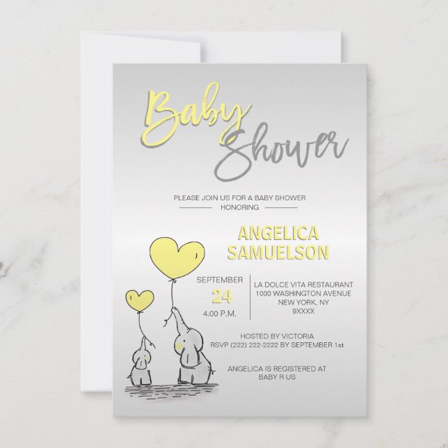 Gulten Elephant Baby Shower för den moderna Neutra Inbjudningar (Framsida)