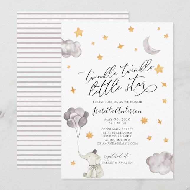 Gulten Elephant Baby Shower med skugga för Lilla s Inbjudningar (Fram/baksida)