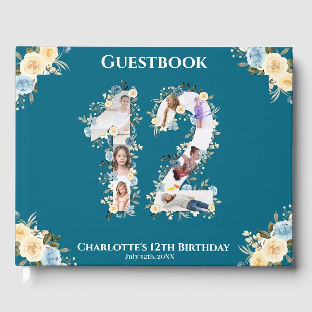 Gulten Flower Teal 12:e Birthday Photo Collage Gästböcker (Framsida)