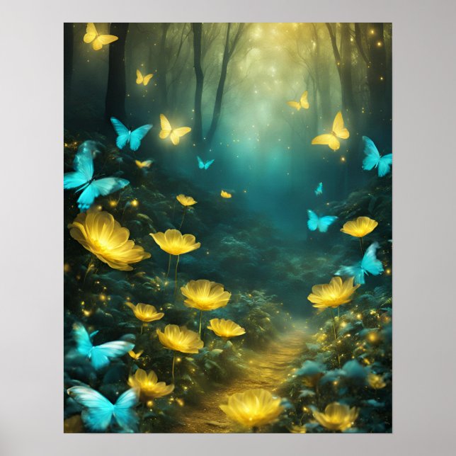 Gulten för "BRC-blommor"-Butterflies TEAL Poster (Framsidan)