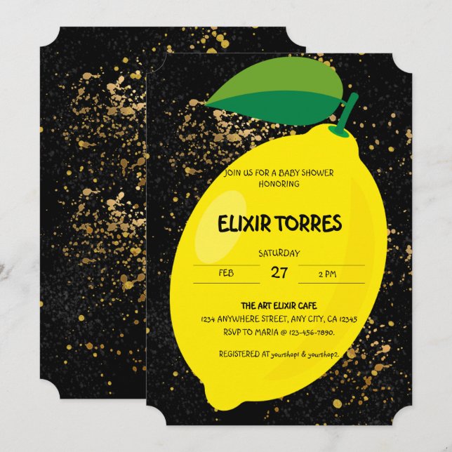 Gulten för Roligt Lemon Guld Glitter Baby Shower Inbjudningar (Fram/baksida)