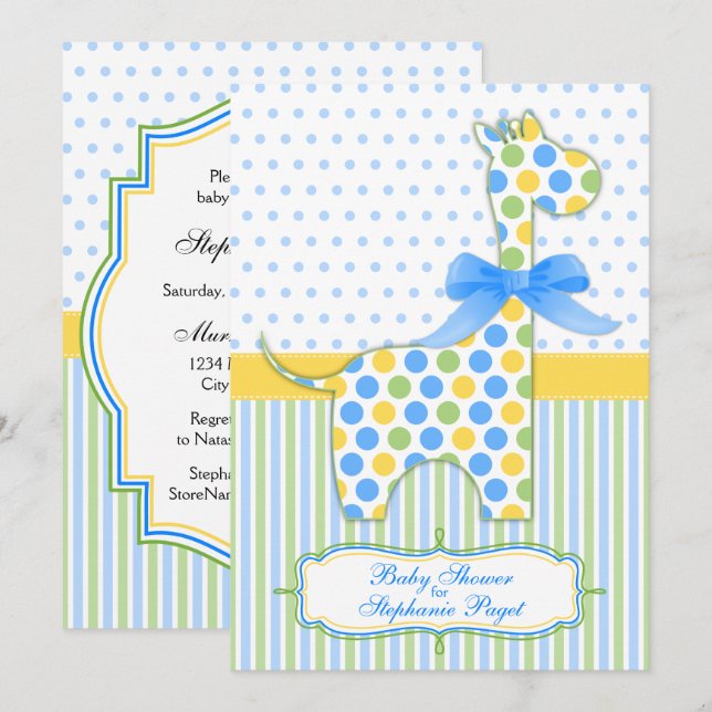Gulten Giraffe Baby Shower med blå Grönt Inbjudningar (Fram/baksida)