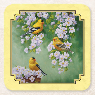 Gulten Goldfinch Birds & Apple Blommars Underlägg Papper Kvadrat