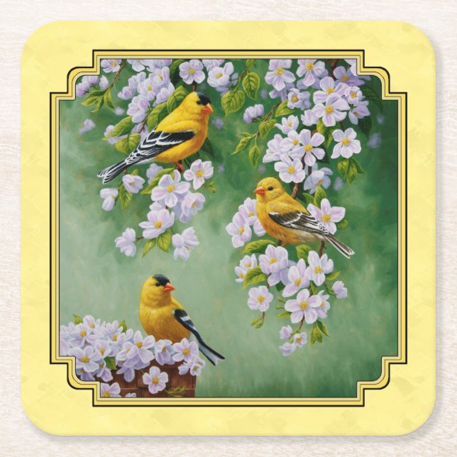 Gulten Goldfinch Birds & Apple Blommars Underlägg Papper Kvadrat (Framsidan)